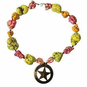 Dyed Howlite Nugget Statement Choker Bull Skull Star Pendant Western Boho